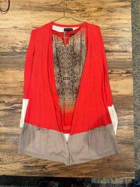 Dana Buchman Red and Cream Colorblock Open-Front Cardigan with Taupe Hem